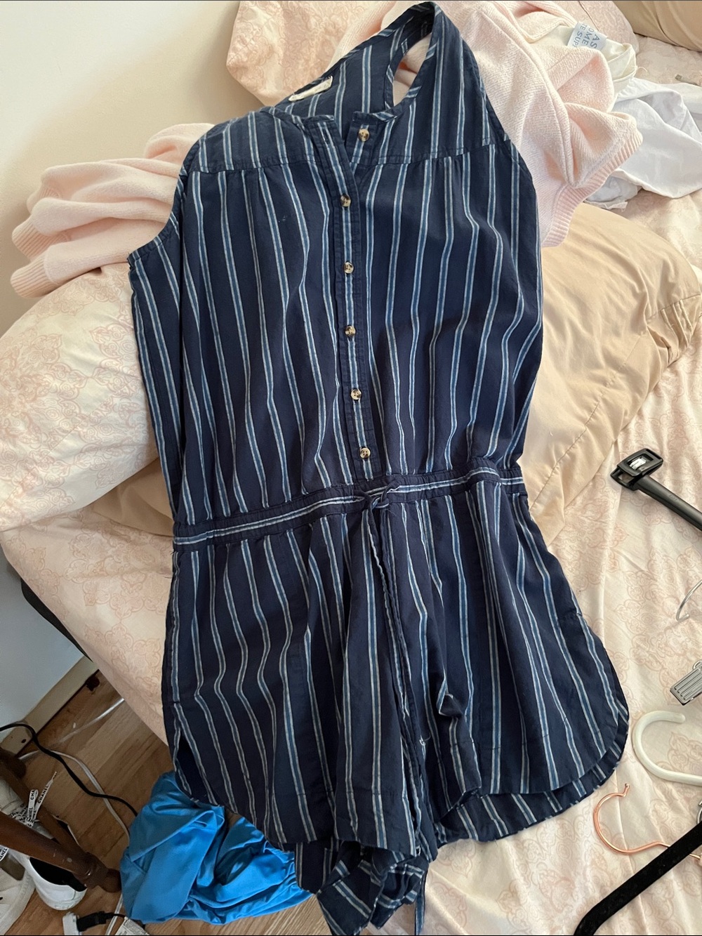 Striped Navy Halter Romper with Waist Tie